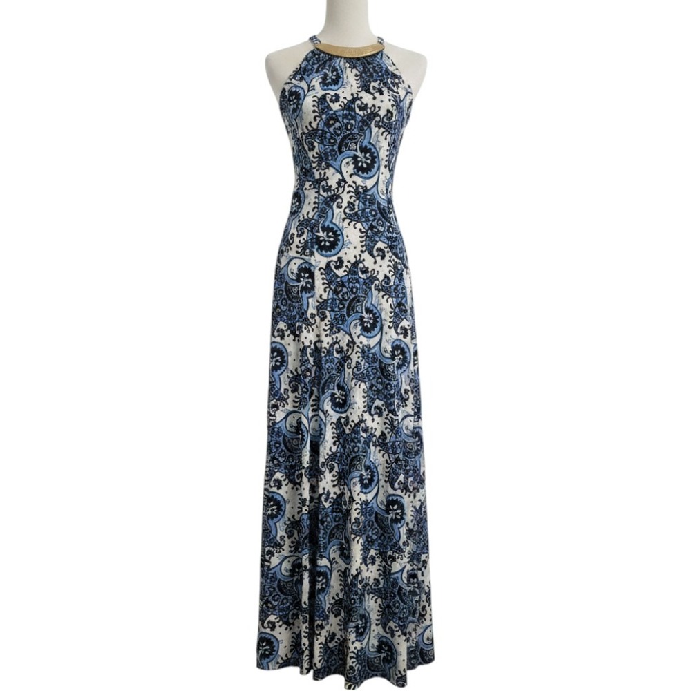 Michael Kors Blue Paisley Halter Maxi Dress Gold Neckline XS